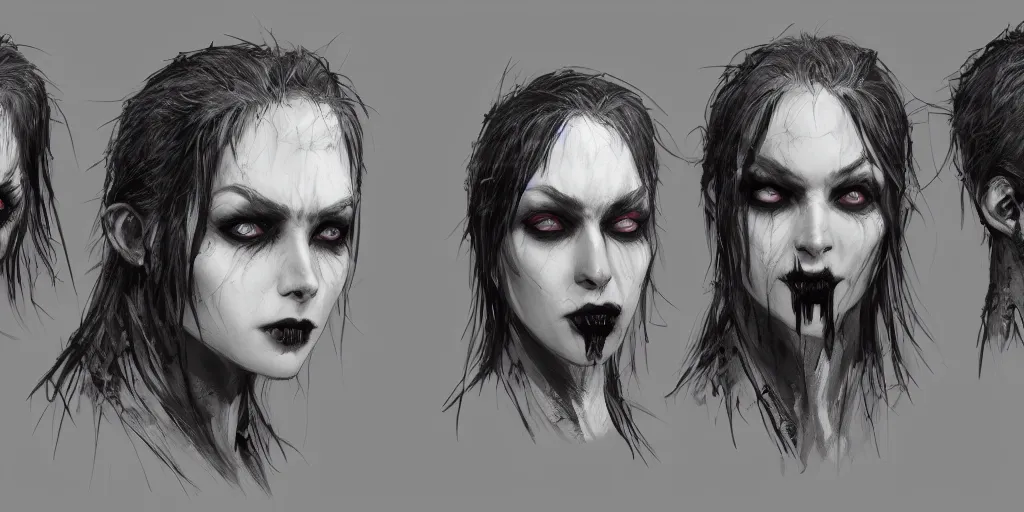 Image similar to gothic vampire character face designs, Greg Rutkowski, character sheet, kim jung gi, Darek Zabrocki, Karlkka, Jayison Devadas, Phuoc Quan, trending on Artstation, 8K, ultra wide angle, pincushion lens effect