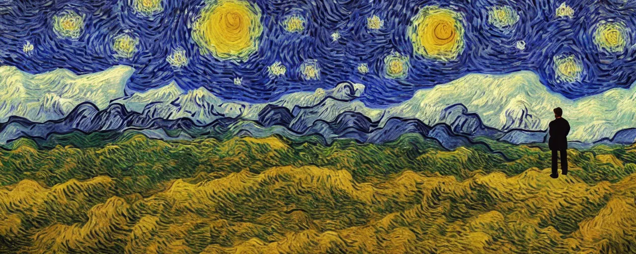 Image similar to landscape, mountain range in foreground, sky, style of Van Gogh starry night, atmospheric, cinematic, digital art, small man in center standing on mountain, mist in valleys