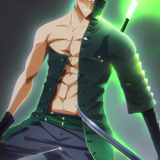 prompthunt: zoro render as a very beautiful 3d anime boy, hot petite, green  hair, badass, cinematic lightning, medium shot, mid-shot, highly detailed,  trending on Artstation, Unreal Engine 4k, cinematic wallpaper