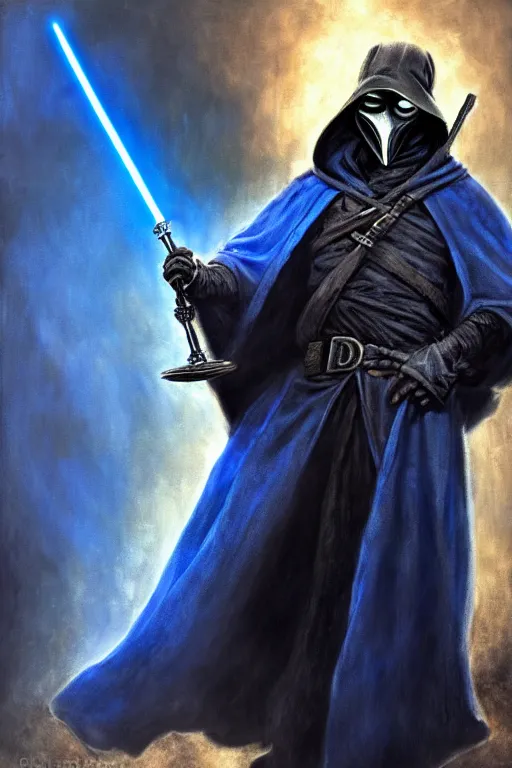 Image similar to a plague doctor with a blue robe as a d & d character, blue robe, magical, black fur armor, starwars, concept sheet, painting by gaston bussiere, demon slayer, akiri toriyama, dramatic lighting, anime