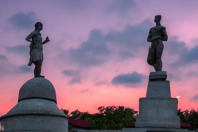 Prompt: a photograph of a statue thinking deeply and a pink sky in the background, hyper realistic, 8 k, wide angle photo