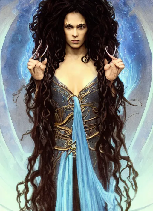 Image similar to medium - length portrait of a female sorcerer, arcane sigils hovering over her hands, with long curly hair and glowing blue eyes, dark brown skin, stern expression, wears a long robe, fantasy setting, dramatic pose, highly detailed, digital painting, artstation, concept art, sharp focus, illustration, art by greg rutkowski and alphonse mucha