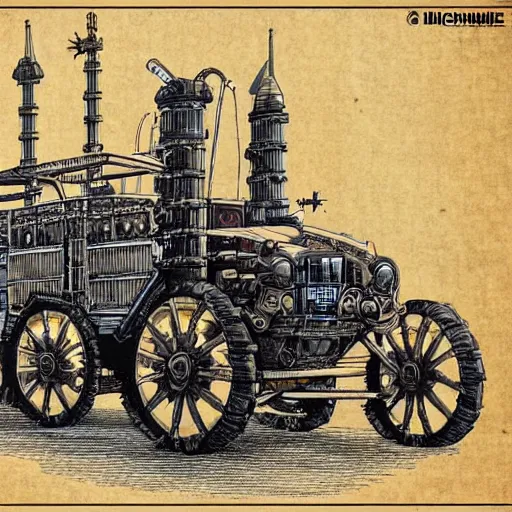 Prompt: detailed schematics of steampunk version of micheline colonial # zm 5 1 4 vehicle, steampunk, detailed, n 6