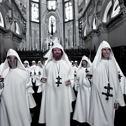 Image similar to award winning photo Aphex twin dresses as nuns,Very long arms, in a sanctuary —width 1024 —height 1024