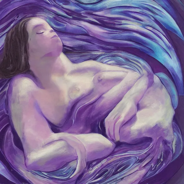 Prompt: a female art student falling asleep, iceberg, dark, sensual, dreamy, waves, swirls, violet drips, fish, blueberries, octopus, neo - impressionist, surrealism