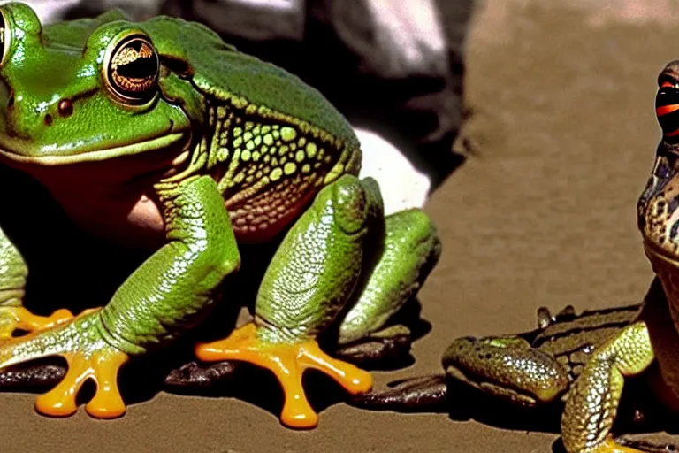 Prompt: a giant frog sitting with boxer mike tyson in the desert, mike tyson with a toad, mike tyson movie directed by martin scorsese and christopher nolan, masterpiece, 8 h