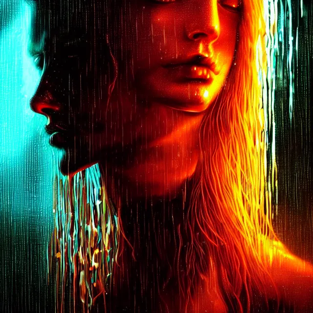 Image similar to bright portrait LSD glowing backlit rain on face and wet hair, cyberpunk, overhead lighting, fantasy, intricate, elegant, dramatic lighting, highly detailed, lifelike, photorealistic, digital painting, artstation, illustration, concept art, smooth, sharp focus, art by John Collier and Albert Aublet and Krenz Cushart and Artem Demura and Alphonse Mucha