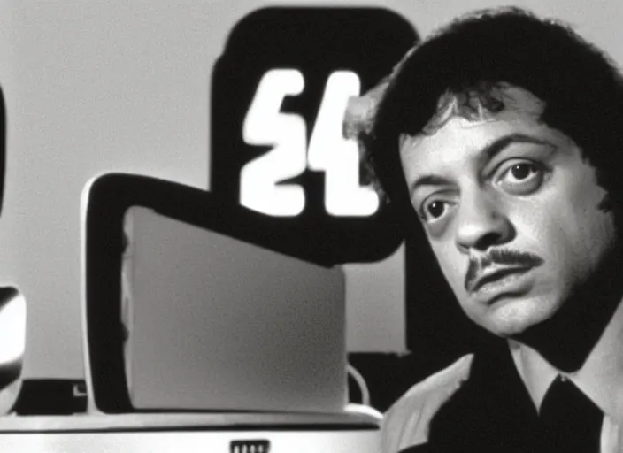 Image similar to film still of young old Cheech Marin with HAL 9000 computer in the background as Dr. Dave Bowman in 2001 A Space Odyssey