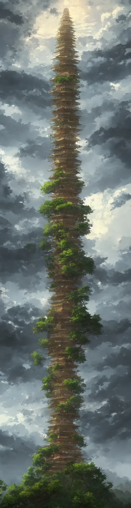 Prompt: one extremely tall pagoda with a path surrounded by mountains, stormy weather. Makoto Shinkai, anime, trending on ArtStation, digital art.