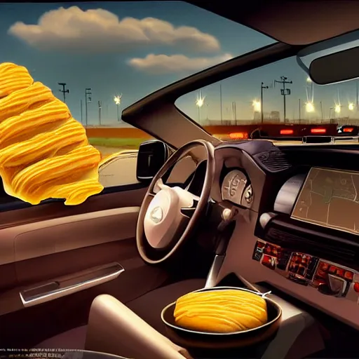 Image similar to Hyperrealistic ultradetailed digital art of Jesse Pinkman driving a car made out of a hamburger on a busy highway in Los Angeles, realistic, detailed lighting, cinematic, trending on artstation and 500px and behance