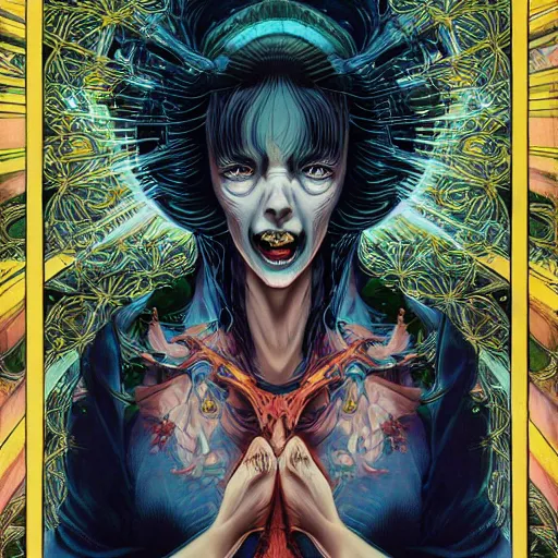 Image similar to portrait of crazy mary virgin, symmetrical, by yoichi hatakenaka, masamune shirow, josan gonzales and dan mumford, ayami kojima, takato yamamoto, barclay shaw, karol bak, yukito kishiro