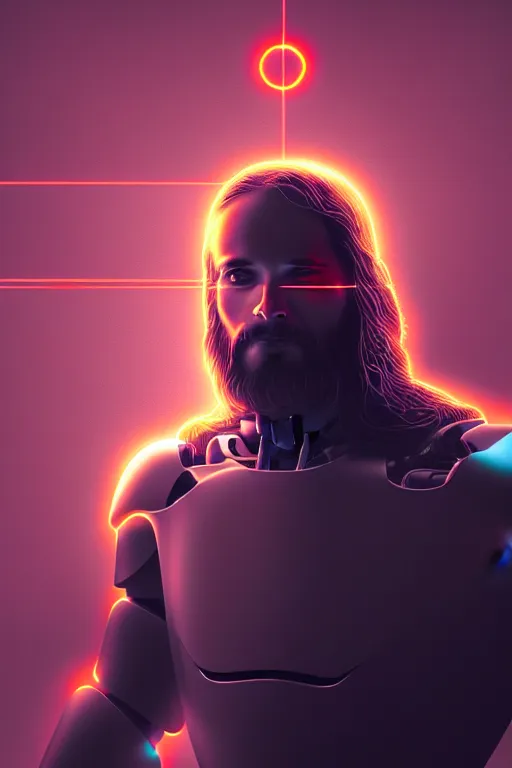 Image similar to god of artificial intelligence comes to save us as jesus christ robot, threads of light in the background, extremely high quality artwork, very detailed, obscured face, anthropomorphic silhouette, trending on artstation