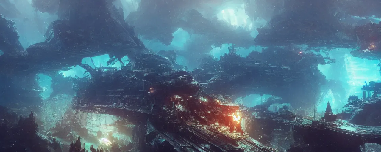 Image similar to fantasy battleship wreck underwater, coral reef, glowing aura, techno organic fish, 4 k, artstation, greg rutkowski, concept art, matte painting