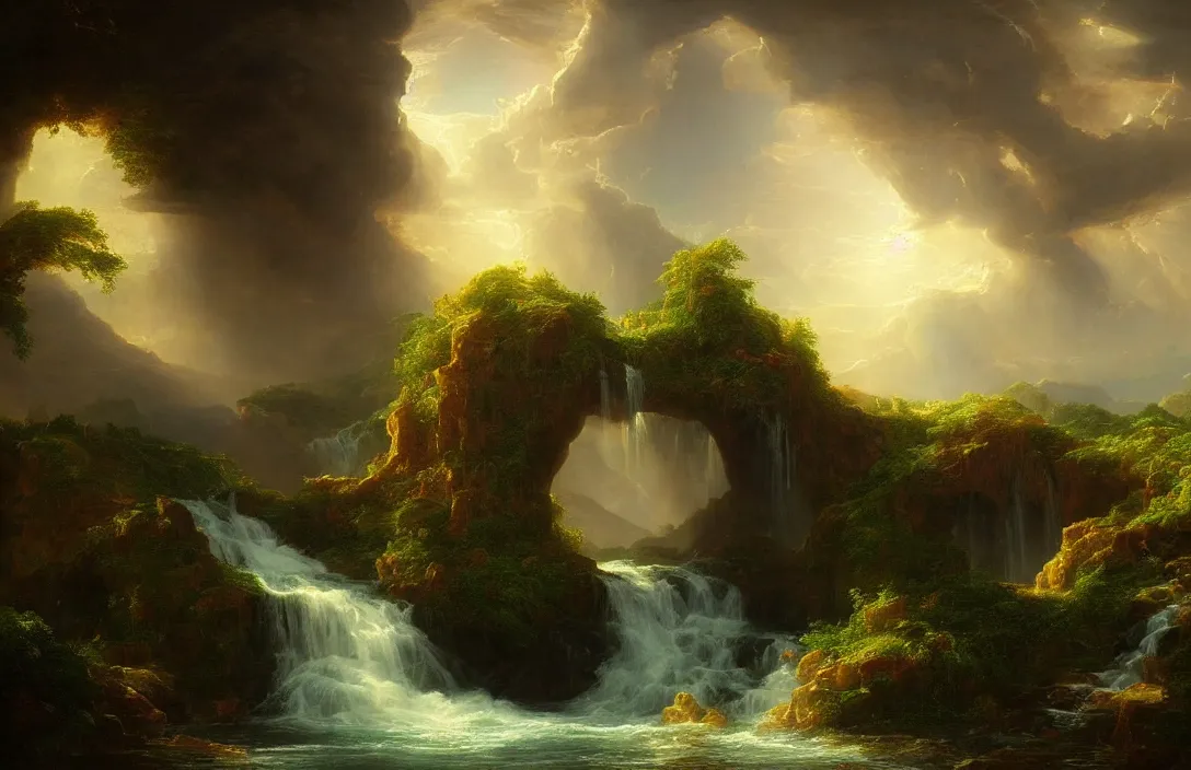 Prompt: a huge arc far away in a thomas cole inspired landscape, detailed dreamscape, hyperreal phantastic landscape, intricate details in environment, golden ratio, high aestehtic, waterfall cascades, cinematic light dramatic light, lightrays, trending on artstation