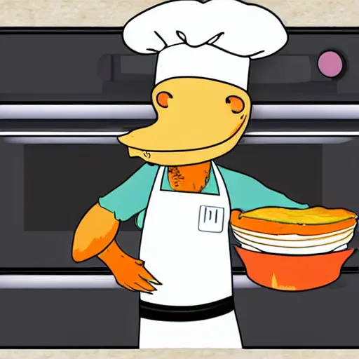 Prompt: manga cute platypus on a kitchen wearing a chef hat and holding a lasagna into an oven, manga style