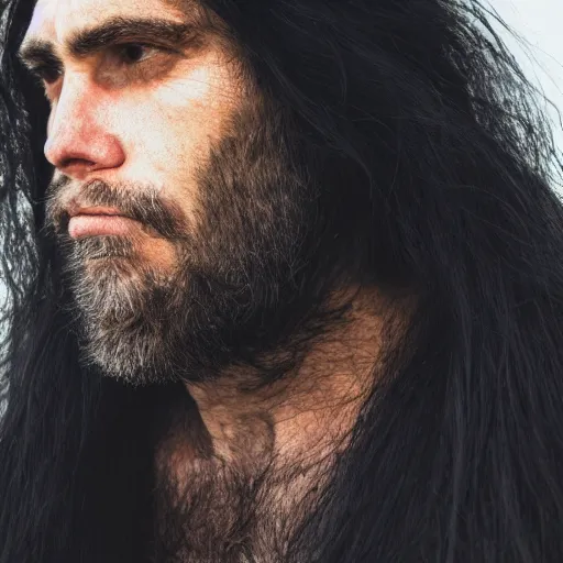 Image similar to portrait close up of a man with a very square and large jaw, his face lines are harsh, he has no beard but long black hair, he looks like a cave man bronze, soft lighting, rough lines
