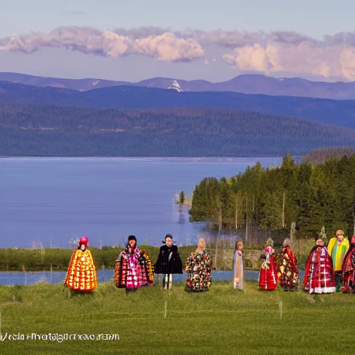 Image similar to ”An photo showing a view of Lake Siljan and people in folk costumes in the foreground, golden hour, sigma 55”