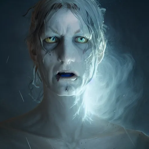 Image similar to a roaring ghost, scary, tall, pale - skinned, illustration, cinematic lighting, 8 k, d & d, frostbite 3 engine, dof, artstation, intricate, digital art, crepuscular ray, art by tsuyoshi nagano, greg rutkowski