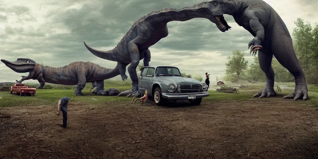 Image similar to a man hiding in front of car from enormous dinosaur Giant dinosaur coming up in background. Photo realistic. Gregory Crewdson. Award winning. Masterpiece, exquisite detail, post processing