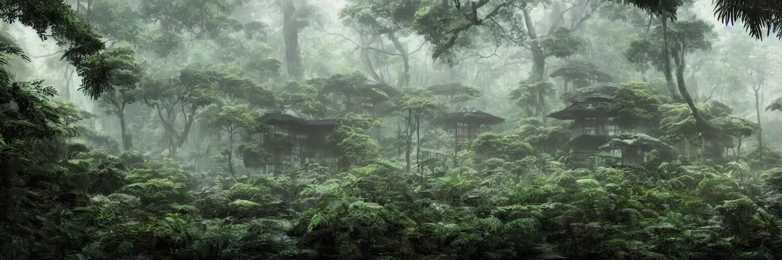 Prompt: japanese metabolism architecture deep in the rainforest. nature is taking over. matte painting in the style of craig mullins. mist. cinematic. octane render.