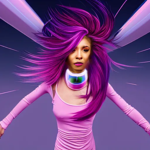 Image similar to a award winning action upper body portrait of a beautiful woman with a ombre purple pink hairstyle with head in motion and hair flying, choker, outrun, vaporware, vivid colors, highly detailed, fine detail, intricate