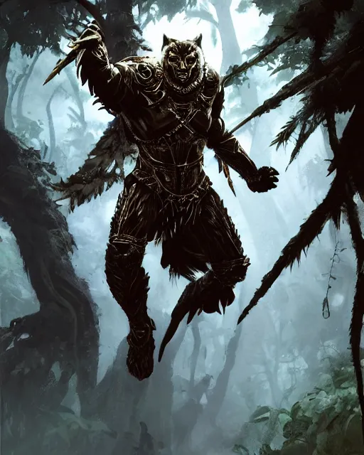 Image similar to Panther warrior in armor sneaking in jungle, portrait, magic the gathering artwork, D&D, fantasy, cinematic lighting, centered, symmetrical, highly detailed, digital painting, artstation, concept art, smooth, sharp focus, illustration, volumetric lighting, epic Composition, 8k, art by Akihiko Yoshida and Greg Rutkowski and Craig Mullins, oil painting, cgsociety