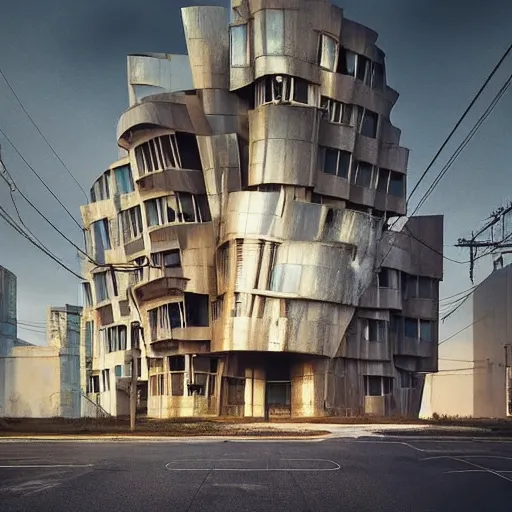 Prompt: “derelict architecture buildings, building designed by architect Frank Gehry, architecture digest, building surrounded in a luxurious environment, modern tones, fluorescent lighting,volumetric Lighting, cyber punk, photorealism, high detail, golden ratio, cinematic, octane renderer”