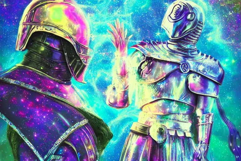 Image similar to digital art of a spiritual medieval knight looking up at the stars, acrylic art, universe, painting, pastel colors, synthwave, retro, cyberpunk,