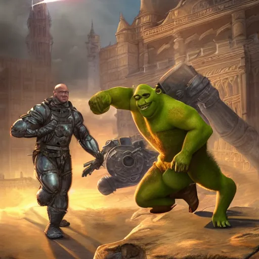 Image similar to shrek fighting against muscular senator armstrong on a helipad, metal gear, radiating a glowing aura global illumination ray tracing hdr fanart arstation, intricate, highly detailed, digital painting, artstation, concept art, character art, smooth, sharp focus, illustration, art by artgerm and greg rutkowski and alphonse mucha