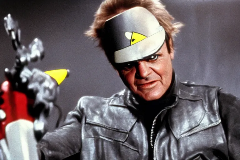 Image similar to Jack Nicholson in costume of Pikachu Terminator scene where his endoskeleton gets exposed and his eye glow red still from the film