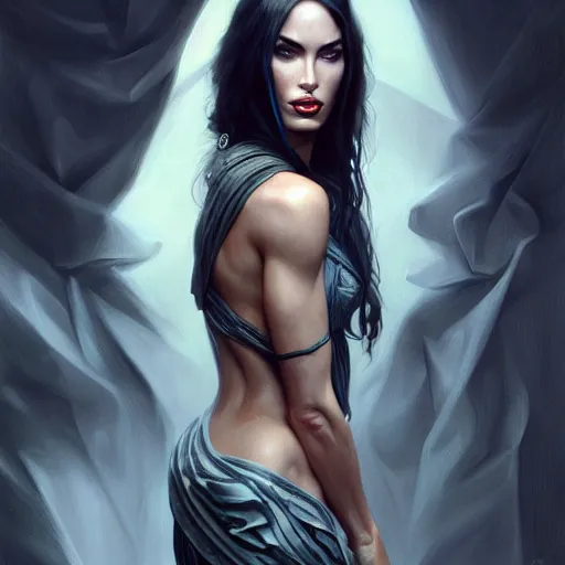 Image similar to ! dream portrait of megan fox blindfolded, muscular upper body, collar, greek, jewelry, blue dress, fantasy, intricate, elegant, highly detailed, digital painting, artstation, concept art, matte, sharp focus, illustration, art by aenaluck and roberto ferri and greg rutkowski, epic fantasy, digital painting