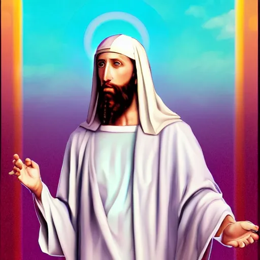 Image similar to Digital art of Jezus Christ as a cool dude in vaporwave style, 8k, trending on artstation, hyper realistic, award winning art,