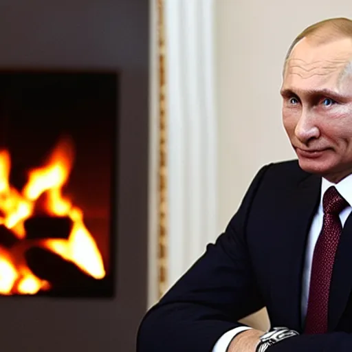 Image similar to portrait vladimir putin looking into a log fire smirking reflections lighting clasical