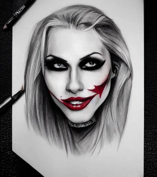 Image similar to ! dream tattoo design sketch of a beautiful blonde girl portrait with joker makeup, in the style of den yakovlev, realistic face, black and white, realism tattoo, hyper realistic, highly detailed