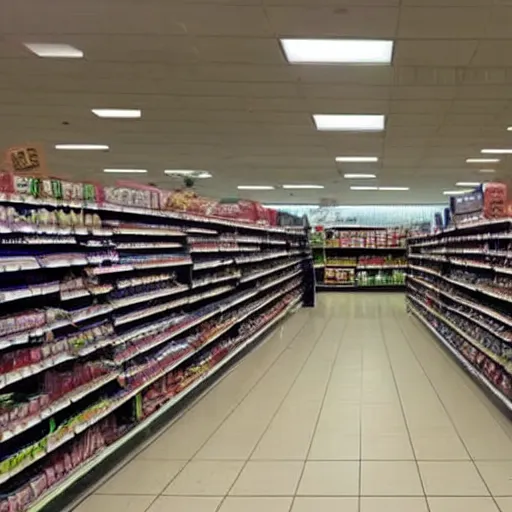 Image similar to supermarket empty, eerie, spooky, dim lights,