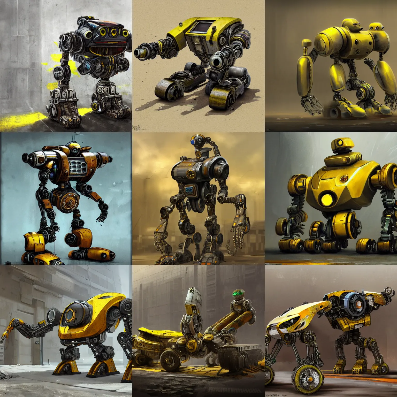 Prompt: robot design, machine, with wheels, rusty, painted yellow, sci-fi, highly detailed, brutalist, realistic concept art, art station trending