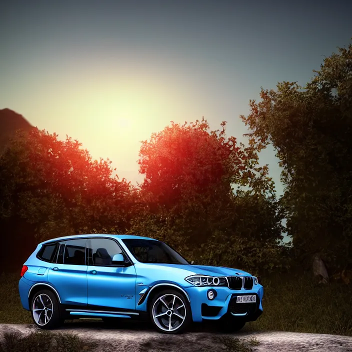 Image similar to a miniature of a blue BMW X3 on a white table at sunset, godrays, calm, relaxing, beautiful landscape, octane render, unreal engine 5, 4k, complementary colours, high quality, highly detailed, low contrast