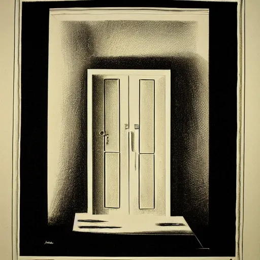 Prompt: lithograph of a door that is ajar.