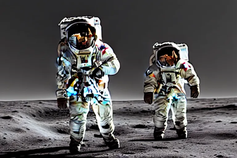 Image similar to still photo of astronaut walking on the surface of moon, black and white color aesthetics, highly detailed, photorealistic portrait, bright studio setting, studio lighting, crisp quality and light reflections, unreal engine 5 quality render