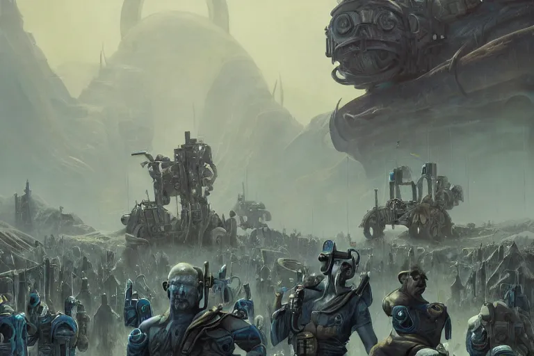 Image similar to ancient alien portral, a crowd of androids, pilgrimage, in mad max style, stargate, coriolios rpg art style, full of details, dark sci - fi, cold blue colors, matte painting, artstation, 8 k, hyperrealistic, style of peter mohrbacher