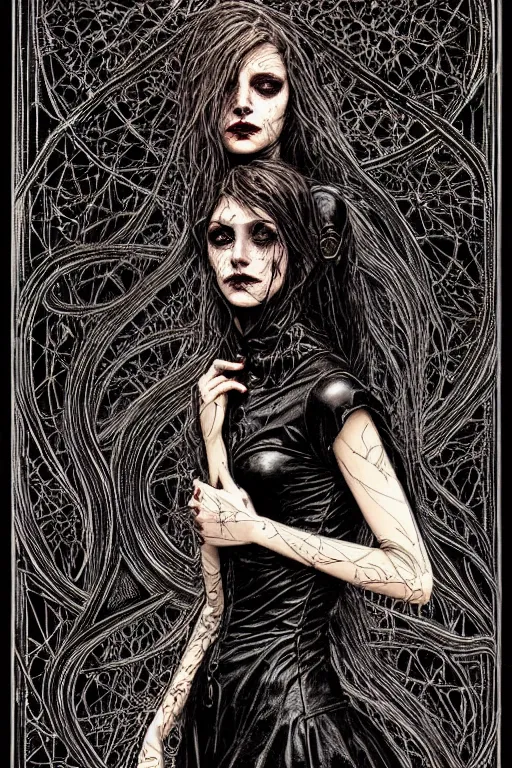 Image similar to dreamy gothic girl, nice long black leather, detailed acrylic, grunge, intricate complexity, by dan mumford and by alberto giacometti, peter lindbergh