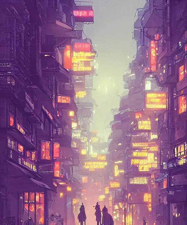 Prompt: circular street from Paris or neo Tokyo , humid ground, people and creatures walking holding neon ombrellas, volumetric light, bokeh light from top, science fiction elements, rainy mood, artstation, art by françois schuiten and moebius and pascal campion, ghibli disney