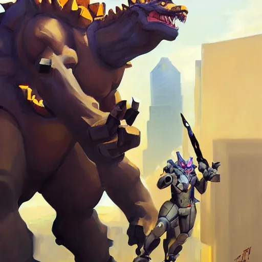 Image similar to greg manchess portrait painting of godzilla as overwatch character, totally whack, medium shot, asymmetrical, profile picture, organic painting, sunny day, matte painting, bold shapes, hard edges, street art, trending on artstation, by huang guangjian and gil elvgren and sachin teng