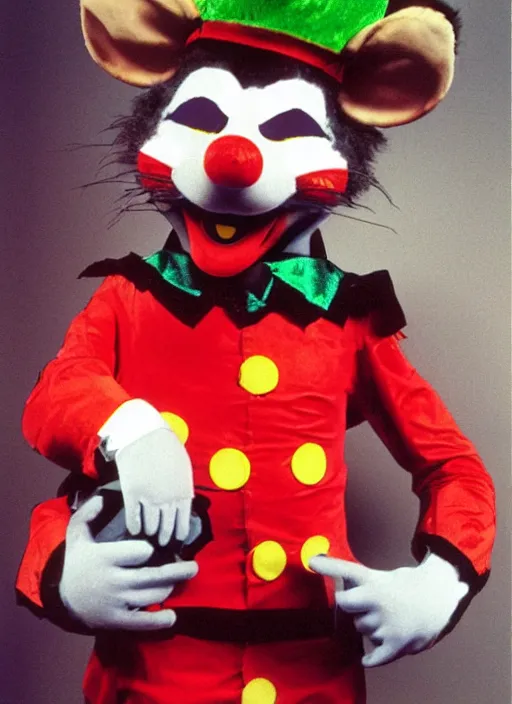 Image similar to Chuck E. Cheese mascot grainy 1990’s circus portrait of an anthropomorphic rat animatronic dressed like a clown, professional portrait HD, camera flash, mouse, Chuck E. Cheese head, authentic, mouse, costume weird creepy, off putting, nightmare fuel, Chuck E. Cheese