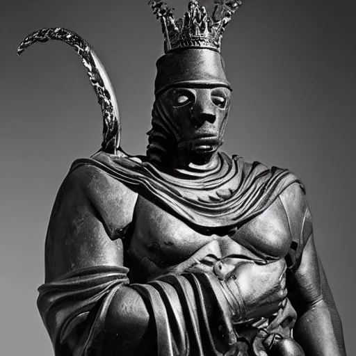 Image similar to The sculpture shows a the large, black-clad figure of the king looming over a small, defenseless figure huddled at his feet. The king's face is hidden in shadow, but his menacing stance and the large, sharp claws on his hands make it clear that he is a dangerous and powerful creature. onyx by Ravi Zupa, by Wendy Froud churning, unified