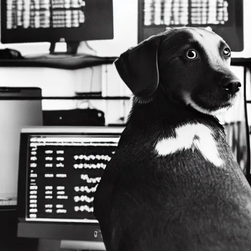 Image similar to photo of dog staring at stock market graph on a computer monitor cinestill, 800t, 35mm, full-HD