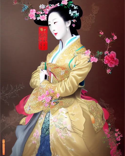 Prompt: photo portrait of beautiful chinese woman dressed in rococo style clothing, elegant, digital painting, clean, smooth, sharp focus
