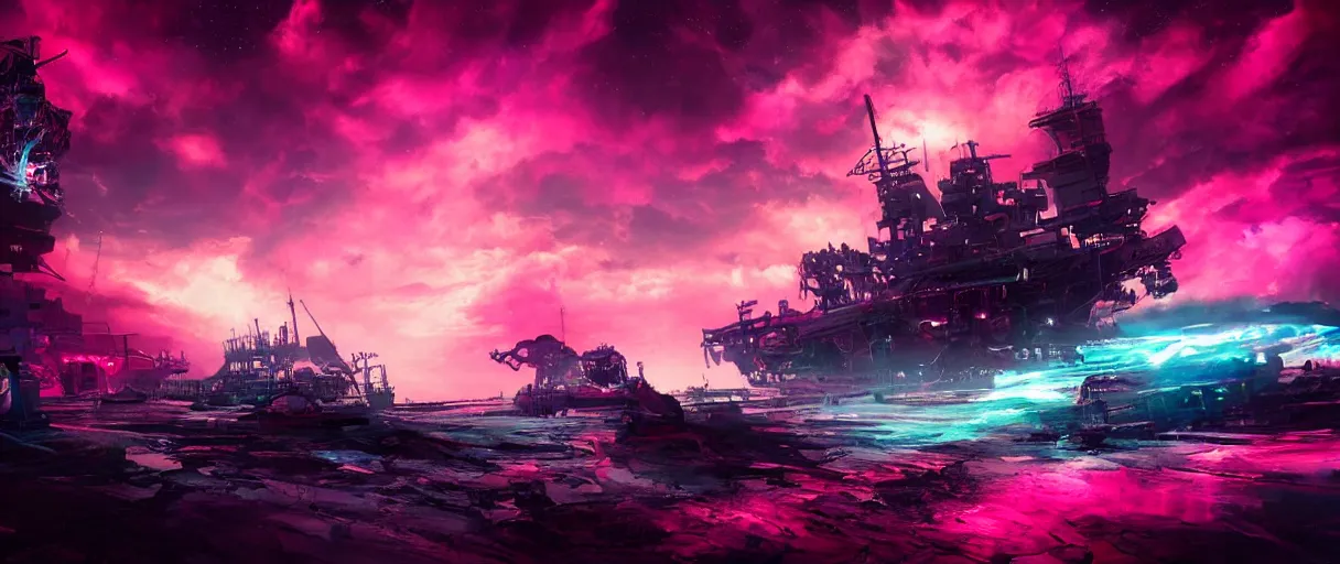 Prompt: space, mohawk, portrait big dark punk, hyperdetailed illustration, stars, pink, neon, oil painting, rich deep colors masterpiece, pirate neon ship, ultra detailed, contrast, heaven pink, clouds, volumetric light, atmospheric lighting, dramatic, cinematic, moody, octane render 4 k, 8 k