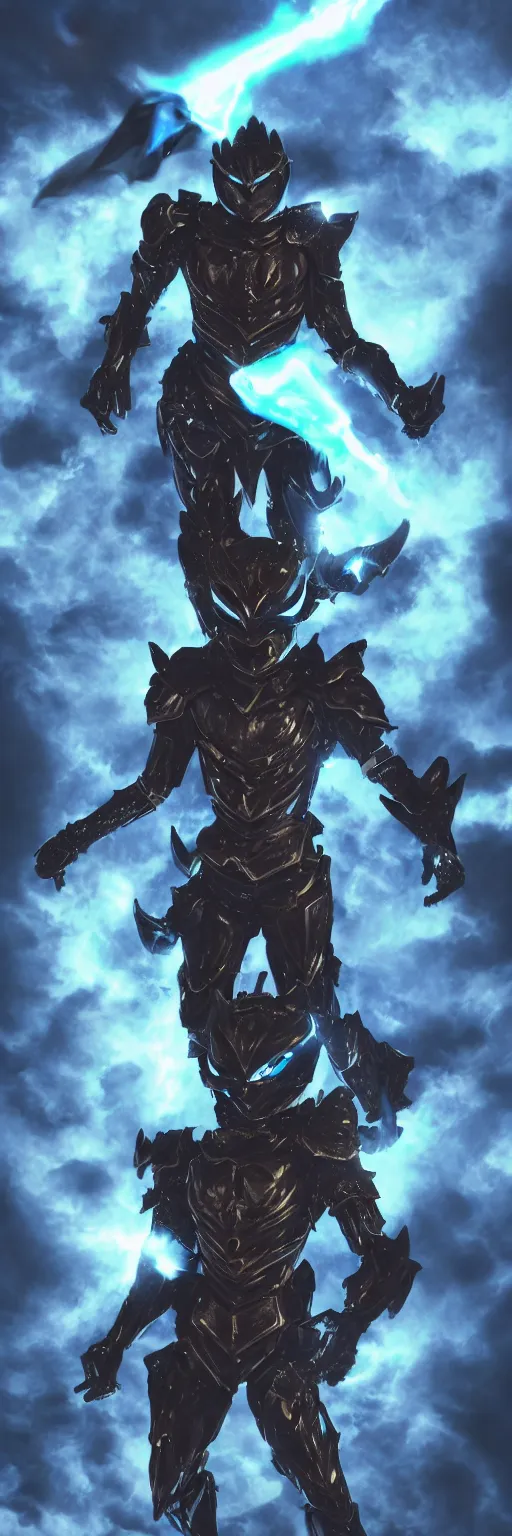 Image similar to High Fantasy Kamen Rider standing in a rock quarry, 4k, glowing eyes, daytime, rubber suit, dark blue segmented armor, dragon inspired armor, centered