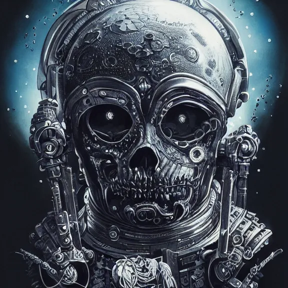 Prompt: a highly detailed undead space pirate portrait of an interstellar criminal radiating a dark unholy aura, an evil cosmic punisher, ornate black futuristic gothic armor, intricate broken space helmet, VR iridium visor, 8k, by Tristan eaton, Stanley Artgermm, Tom Bagshaw, Greg Rutkowski, Carne Griffiths, Ayami Kojima, Beksinski, Giger, trending on DeviantArt, face enhance, hyper detailed, minimalist, cybernetic, android, blade runner, full of colour,